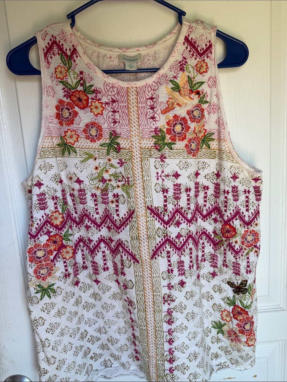 Sundance White Floral Embroidered Tank Top with Pink, Orange & Green Accents